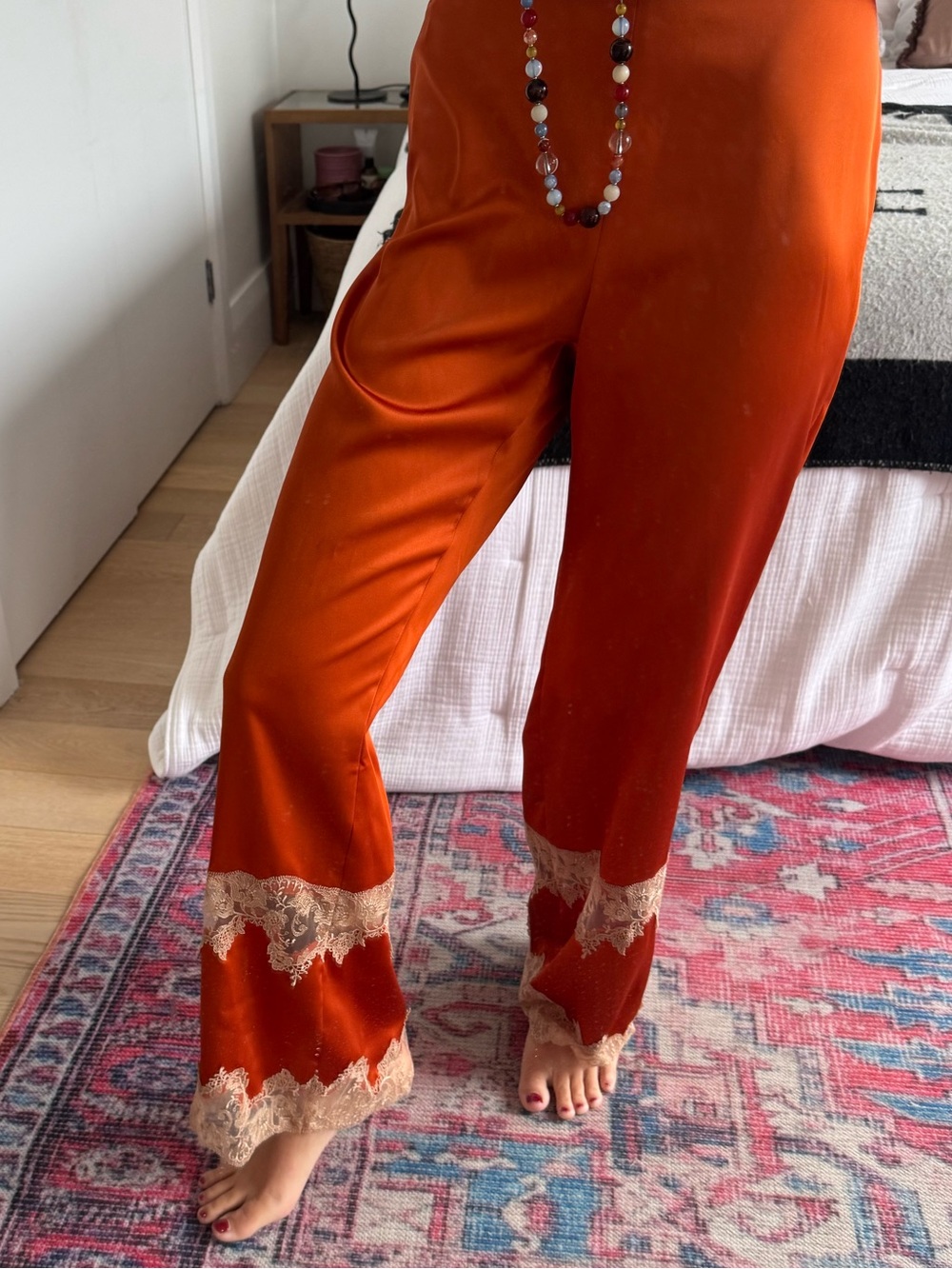 Zara Orange Satin Pants with Cream Lace Hem NWT